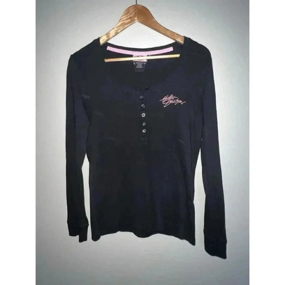 Harley-Davidson Tops - Harley Davidson Womens XL Waffle Knit Henlet Top Black/ Pink Embroidered